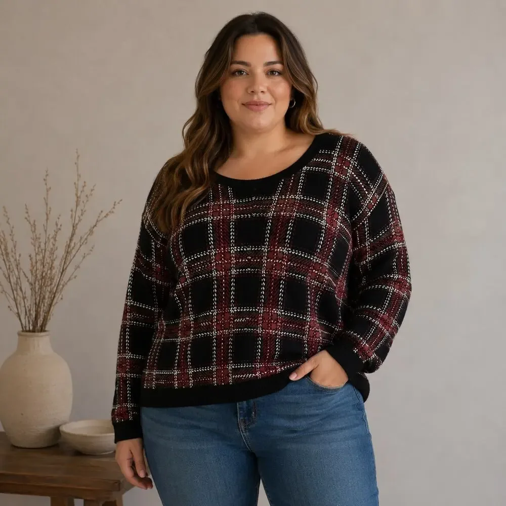Torrid Red Black White Plaid Cropped Sweater size 2